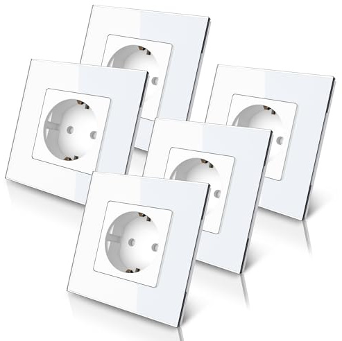 PULSAR Steckdosen-Set, 5x Steckdose Unterputz Glas Weiß 1-Fach 5 Stück | Schuko-Steckdosen-Set in Weiß - 5 x Steckdose Glas 1-Fach - Wandsteckdose 16A mit Kindersicherung 86 x 86mm 5 Stück