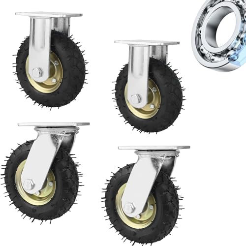 WORDFUN Leise Gummirollen, Schubkarren Ersatzrad, 2X Lenkrolle + 2X Bockrolle, Industrierollen Schwerlast, Luftreifen, 200mm 250mm, 360°Drehbar, Geeignet für jeden Boden, Keine Kratzer