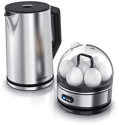 arendo Set Ensembles Bouilloire Elegant et cuiseur à Oeufs SEVENCOOK Acier Inoxydable Gris, Bouilloire 1,5L, 40° - 100°C Fonction Maintien au Chaud, cuiseur à Oeufs 1-7 Oeufs Verre doseur