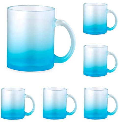 noTrash2003 Set Kaffeetassen Kaffeepott Haferl Teeglas Henkel bruchsicheres Borosilikatglas satiniert mattiert - fröhliche Farbverläufen je 350 mL buntes 5er Set oder farbreinem 6er Set (6 x Blau)