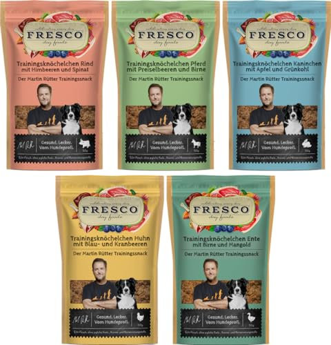Fresco Martin Rütter Trainingsknöchelchen Probierpaket | je 1x Rind, Pferd, Kaninchen, Huhn & Ente | 5 x 150g | Natürlicher Monoproteinsnack | Leckerer Snack für Hunde