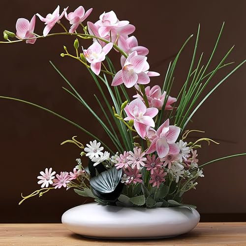SYDDOL 17 Künstliche Orchideen im Topf, dekorativer Orchideen-Bonsai mit Real-Touch-Technologie, künstliche/falsche Orchideen, die echt Aussehen, für Tischdekorationen (Pink Blume und Weißer Topf)