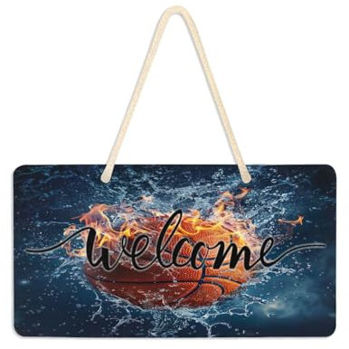 Lyeorm Welcome Sign for Front Door, Basketball Hanging Welcome Sign for Farmhouse Porch Wall Home Holiday Decoration, 6 X 11