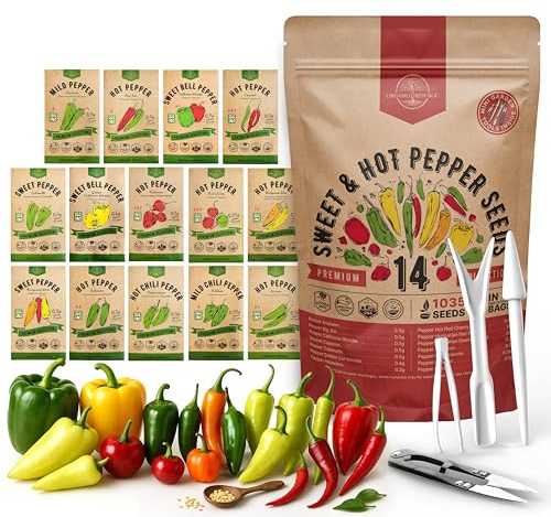 Organo Republic 14 Sweet & Hot Peppers Seeds Variety Pack - 1,030+ Non-GMO Heirloom Pepper Seeds for Outdoor and Indoor Home Gardening, Including Pepper Cayenne, Habanero, Jalapeno, Poblano, Serrano