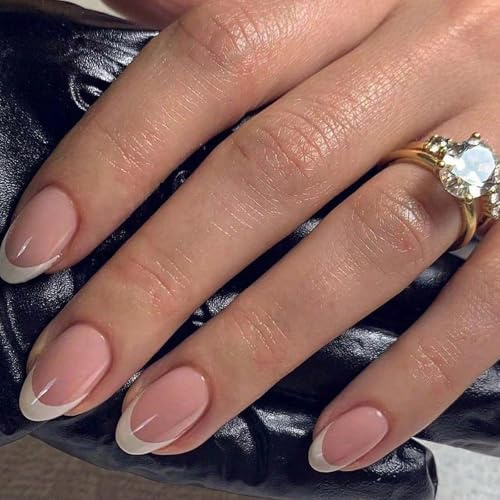Almond Press On Nails - 24pcs French Tip Short - Pink Glossy - Acrylic Full Cover Stick On Nails