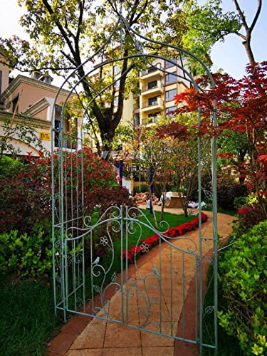 Garden Arch with Metal Frame Garden Arch Trellis W143xH284x42cm Rose Arch with Gate, Large Arbor, Archway Stand Trellis Pergola Flowers Arbour, for Various Climbing Plant Vines, White, Green