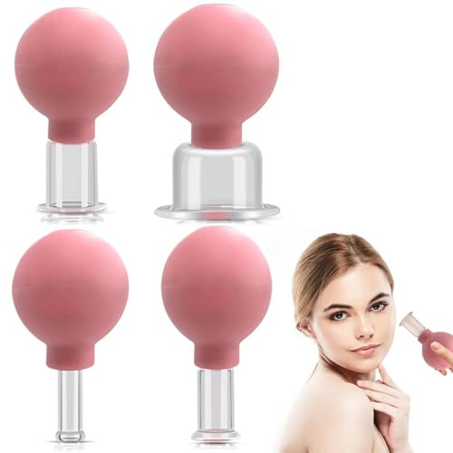 Asfrode Facial Cupping Set, 4 x Schröpfgläser mit Saugball Gesichts Vakuum Saug Massage Hals Kopf für Körperstelle Straffe Haut Faltenminderung Entgiftung Anregung Lymphfluss (Rosa)