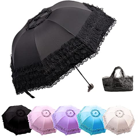 YUEHUA Prinzessin spitze vintage spitze uv sonnenschirm falten 3d blume stickerei regenschirm 3 falten regentage, schneetage, sonnentage zur verfügung (Black)