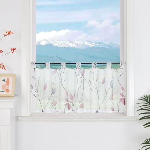 Delien Scheibengardinen Küche Bistrogardine Modern B120 x H45 cm, Lila | 1 Stück,Mit Schlaufen,Mit Blattmuster,Transparente Kurzstores,Leicht,Luftig,pflegeleicht,Kurz Schals für Klein Fenster