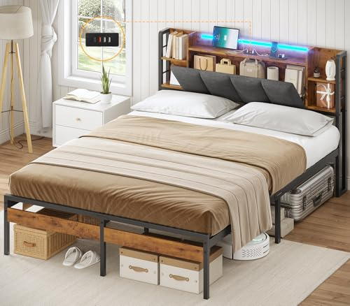 AOGLLATI Estructura de cama de 140 x 190 cm con iluminación LED y función de carga USB, marco de cama de metal con espacio de almacenamiento, cabecero de cama con cabecero acolchado, cama doble con