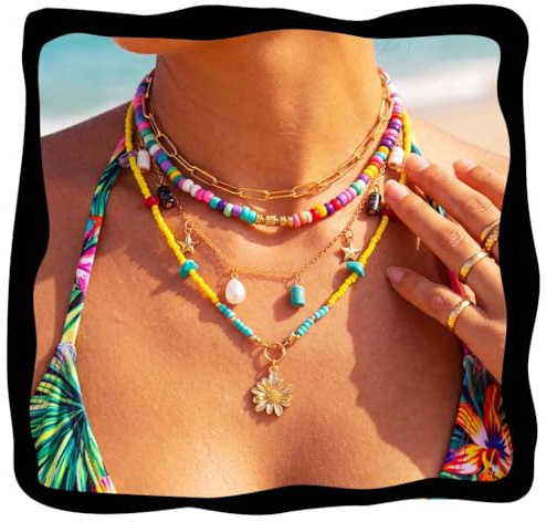 Fashband Boho-Halskette mit Seesternen, bunten Perlen, Muscheln, Strand-Halsketten für Damen