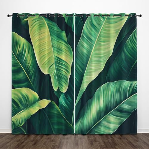 Vorhänge Grün Blickdicht mit Ösen 200 cm Lang, 2er Set Aquarellpflanzen Abdunkelnde Vorhänge Wohnzimmer,Aquarellpflanzen Blickdichte Ösenvorhang H 200 x B 70 cm Weicher Verdunklungsvorhänge