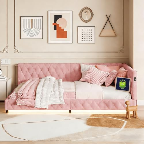 Julyue Polsterbett Schlafsofa 140x200, Tagesbett mit LED-Beleuchtung und Aufladen USB, Daybett Jugendbett mit Lattenrost aus Holz, Einzelbett Gästebett, Teddystoff (Rosa)