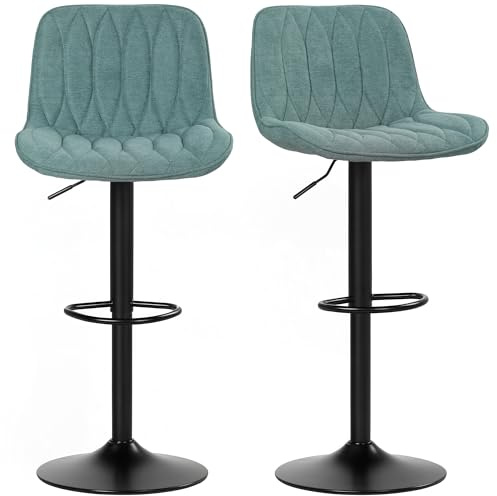 HOMCOM Bar Stools Set of 2, Height Adjustable Swivel Barstools with Backrest and Footrest, Modern Linen Upholstered Armless Bar Chairs for Kitchen, Breakfast Counter, Blue