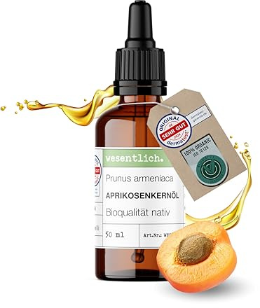 wesentlich. Olio di noccioli di albicocca bio 50 ml con pipetta | Olio per il viso delicato per pelli sensibili | 100% puro olio per la cura | spremuto a freddo e vegano