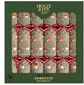 Holly and Ivy Luxury Christmas Crackers – Kraft Robin Design – 14 Inch Handmade Crackers with Hats Jokes and Gifts – Box of 6