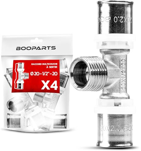BOOPARTS – Té Mâle à Sertir Ø20–1/2–Ø20 | Raccord Multicouche Profil TH pour Tubes PER, PEX et Multicouche | Plomberie, Chauffage et Sanitaire | Lot de 4