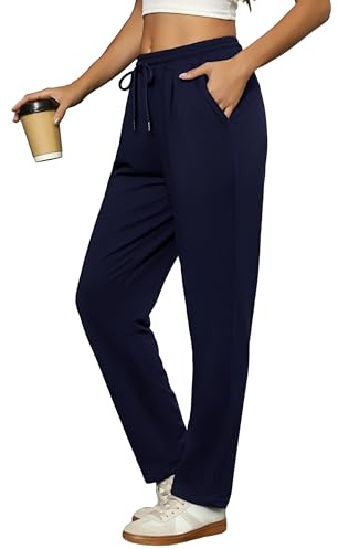 Litherday Sportbyxor dam bomull lätt andningsbar hög midja joggingbyxor med fickor och dragsko för hemmet yoga jogging fitness S-XXL, Mörkblå, M
