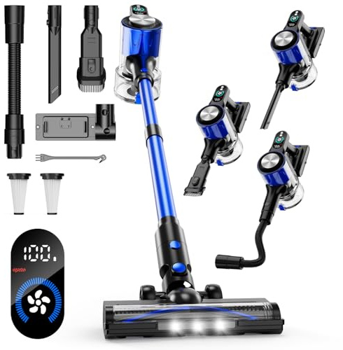 Aspiradora sin Cable, 50KPa/500W/60Min Aspirador sin Cable con 3 Modos, Pantalla, Cepillo Antienredos, Cargador de Pared, Aspirador Escoba Silencioso para Pelo de Animales/Alfombras/Suelos/Coches