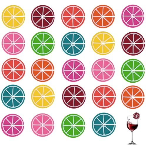 SEABABOO Glas Markierung Weinglas, 24stk Glasmarkierer Silikon Zitronen, Wiederverwendbare Glasmarker, Glas Markierung Zitronen für Weingläser Champagnergläser Martinigläser 8 Farben (Zitrone, 24 Pcs)