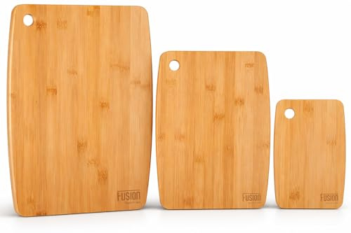 Natural Bamboo Chopping Boards Set of 3 – Extra-Thick Chopping Boards with Hanging Hole – 40x30cm, 30x25cm, 20x15cm – Durable Bamboo for Meat, Vegetables, Cheese & Bread