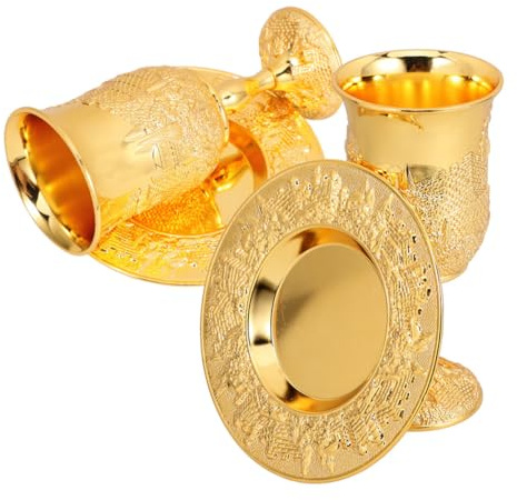 Veemoon Lot de 2 sets de Calices à Vin Judaïques en Alliage de Zinc Doré avec Plateau Gobelets de Shabbat et Coupe à Vin Havdalah pour Cérémonies Juives et Fêtes Traditionnelles