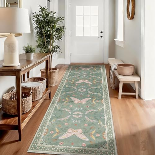SOANNY Runner Rug 60x180 cm, Butterfly Low Pile Hallway Carpet, Non Slip Washable Area Carpet for Bedroom Kitchen Entryway Dorm Beside Sofa Office, Modern Stain Resistant Floor Mat, Sage Green
