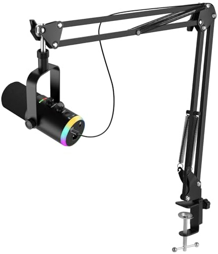FerBuee XLR USB Dynamic Microphone with RGB Light, Volume Control, Mute Button, 3.5mm Headphone Jack. Compatible with Mixers, Sound Cards, PC, MAC (Black)