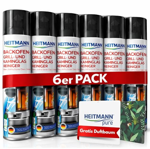 HEITMANN Backofen-, Grill- und Kaminglas Reiniger | Kraftvolle Reinigung für hartnäckige Verschmutzungen | Effektiv gegen Fett, Eingebranntes & Ruß | 6 x 400 ml + GRATIS Duftbaum