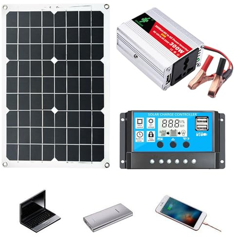Kit di energia solare - Pannello solare da 18 W 12 V con regolatore di carica, inverter portatile da 300 W, soluzione energetica affidabile, energia rinnovabile | Home Backup Camping RV Accessorio di