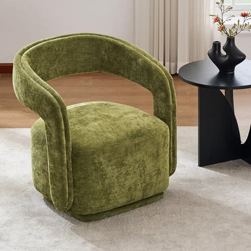 DEKKETO Fauteuil Salon - Fauteuil Relax Pivotant 360° en Chenille, Chauffeuse 1 Place Confortable avec Large Assise 56cm, Chaise de Chambre Moderne pour Lecture, Vert