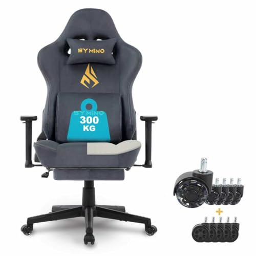 Symino Ergonomischer Gaming Stuhl mit Latex Sitzkissen 300kg Belastbarkeit | Wildlederimitat PC-Stuhl mit Memory-Schaum Lendenwirbelstütze und Kopfstütze, Atmungsaktiver Bürostuhl, Grau