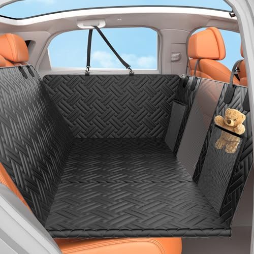 OLQI Back Seat Extender for Dogs - Hard Bottom Dog Car Seat Cover for Dogs with Mesh Window and Storage Pocket Waterproof Non-Slip Dog Hammock for Car Dog Car Bed for Cars,SUVs (BLACK)