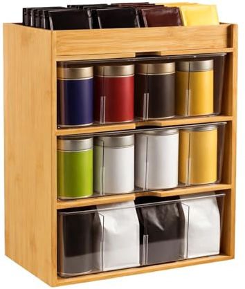 GreenWhim Bamboo Tea Bag Organiser, 3 Tier Tea Bag Holder Holds up to 180 Tea Bags, Wooden Tea Storage Box for Kitchen, Office, Countertop, Sugar Packets & Creamers, Cupboard Organiser