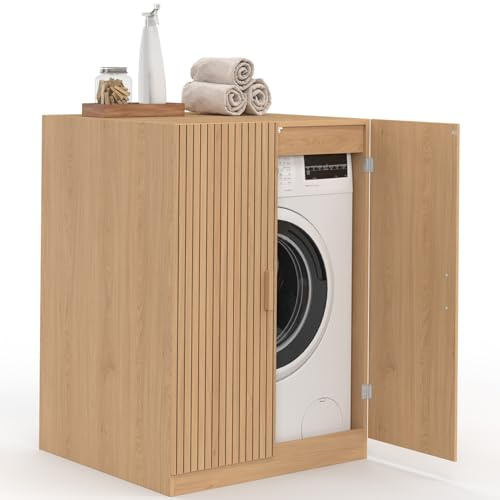 IDMarket - Waschmaschinenschrank mit Türen Juliette mit Latteneffekt und Holzleisten, eichenfarbig