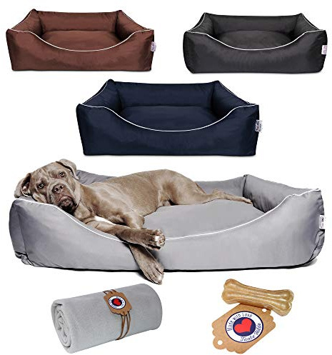 Tante Hilde Hundebett Wangerooge Set inkl. Kuscheldecke, Hundekorb, Hundekissen, Waschbar, Robust, Größenauswahl, Hochwertige Qualität! (XXL 100 x 80 cm, Set Grau z.B. Münsterländer, Retriever)
