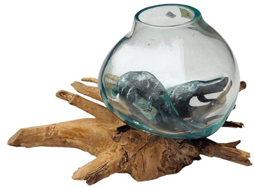 Wurzelholz Vase, vielseitig einsetzbar, 1 * Ø Glas bis 10 cm | Hergestellt aus Kaffeebaumholz, Recyclingglas, für Kerzen oder Blumen, individuelles Design, stimmungsvolle Lichtquelle.