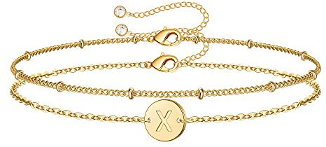 MONOZO Pulseras con inicial de oro para mujer, delicada pulsera chapada en oro de 14 quilates con cuentas en capas con inicial de letra inicial personalizada de 26 alfabetos, pulsera con dije de