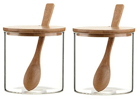 Lot de 2 pots à condiments en verre transparent de 236,8 g pour condiments, épices, assaisonnement, boîtes de conservation des aliments avec cuillères de service en bois et couvercle en bois