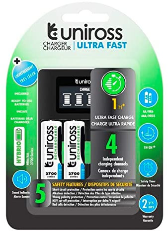 Uniross Chargeur LCD Ultra Rapide pour 1 à 4 Piles Ni-MH 1.2V AA AAA avec 4 Piles AA 2700 NiMH Inclus