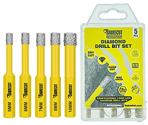 SabreCut 5pcs SCRDDB002 5-10mm Quick Change Diamond Drill Bit Set | Self-cooling, self-sharpening diamond grit provides long-life, chip-free drilling in porcelain, granite, marble and cement