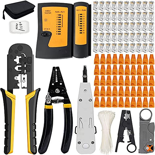 Mailine - Cirmpatura para cables de red CAT5 CAT6 RJ45 RJ11 Cat5 Crimpadora Herramientas Kit de Red Profesionales Mantenimiento de Ethernet LAN Tester del, Crimpadora Conectores Reparación (negro)