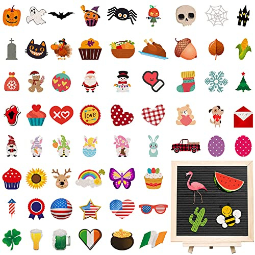 68 Pieces Cute Message Board Decorations Seasonal Icons for Felt Letter Board Changeable Holiday Letter Board Accessories Letterboard Icons with 80 Adhesive Dots for Decor Sign, Board Not Included