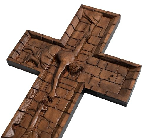 BGCOPPER Crucifix Wall Cross Handmade Wooden Cross with Hook, Christian Wall Art Jesus Wall Cross Gifts for Church Home Room Decor Christmas Cross - 20 Inch