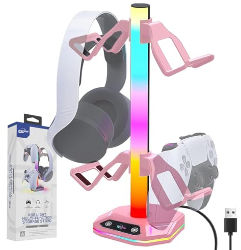 auvstar Support Casque Gamer,Support Manette,RGB 10 Couleurs Claires,avec Port USB Type-c, Support de Casque de Bureau Universel pour Tous Les Casques de Jeu,Contrôleurs de Jeu (Noir) (A) (Rose)