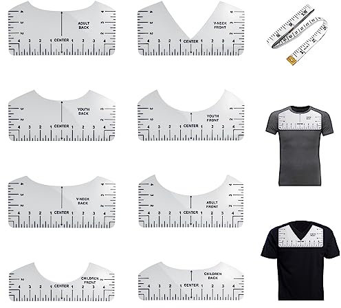 KBNIAN 8 Stück T-Shirt Zentrierung Werkzeug PVC T-Shirt Lineal Guide Rundhalsausschnitt T-Shirt Lineal T-Shirt Ausrichtungslineal zum Nähen Gestalten von T-Shirts und Basteln, mit Maßband