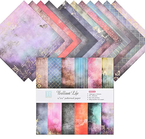 Pagezol 30,5x30,5cm Scrapbooking Pads Paper,12 Patterns 24 Sheets Bronzing Scrapbooking Cardstock Paper Pads,DIY Decorative Card Making Supplies,for Handmade Craft Design