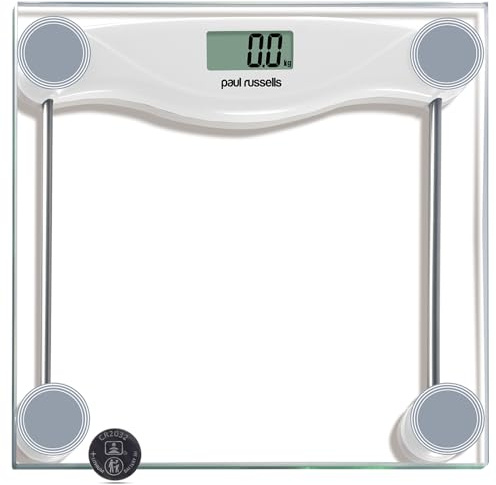 paul russells Digital Bathroom Scales for Body Weight, Smart Weighing Scales with High Precision Sensors, Digital Scales for Body Weight, 150kg Glass Weight Scale, White