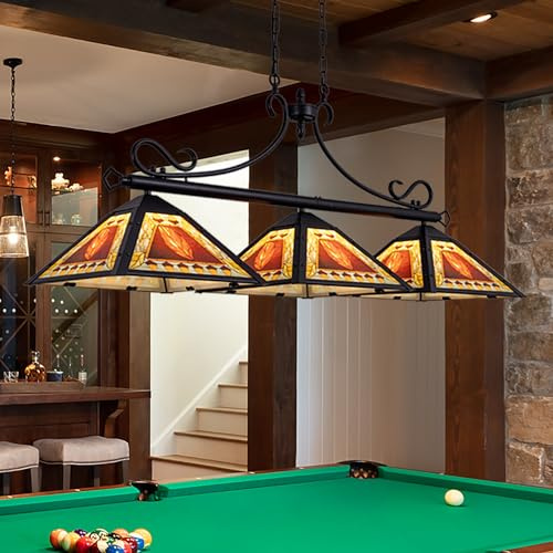 TOCHIC Vintage Pool Table Light, 3-Light Rustic Billiards Light Fixtures with Tiffany Style Leaf Shade for 7, 8, 9 ft Tables, 49.5 Farmhouse Chandeliers for Game Room, Basement, Club, Dining Room
