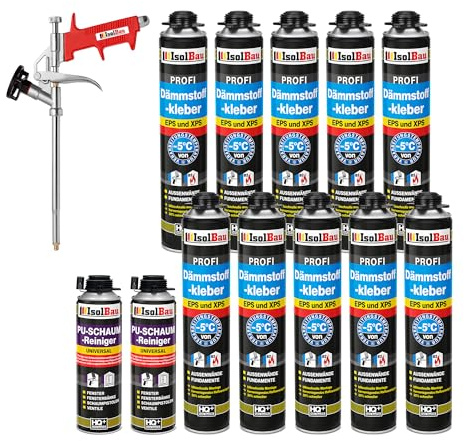 Isolbau B2 Dämmstoffkleber SET - 10 x 750 ml Perimeterkleber, 2 x PU-Schaum-Reiniger & 1x Schaumpistole für EPS & XPS-Platten - 1K PU-Klebeschaum für Dämmung und Isolieren